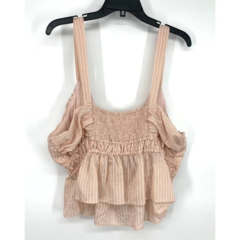 Anthropologie Maeve Top Shirred Peplum Crop Pink Stripe Sleeveless